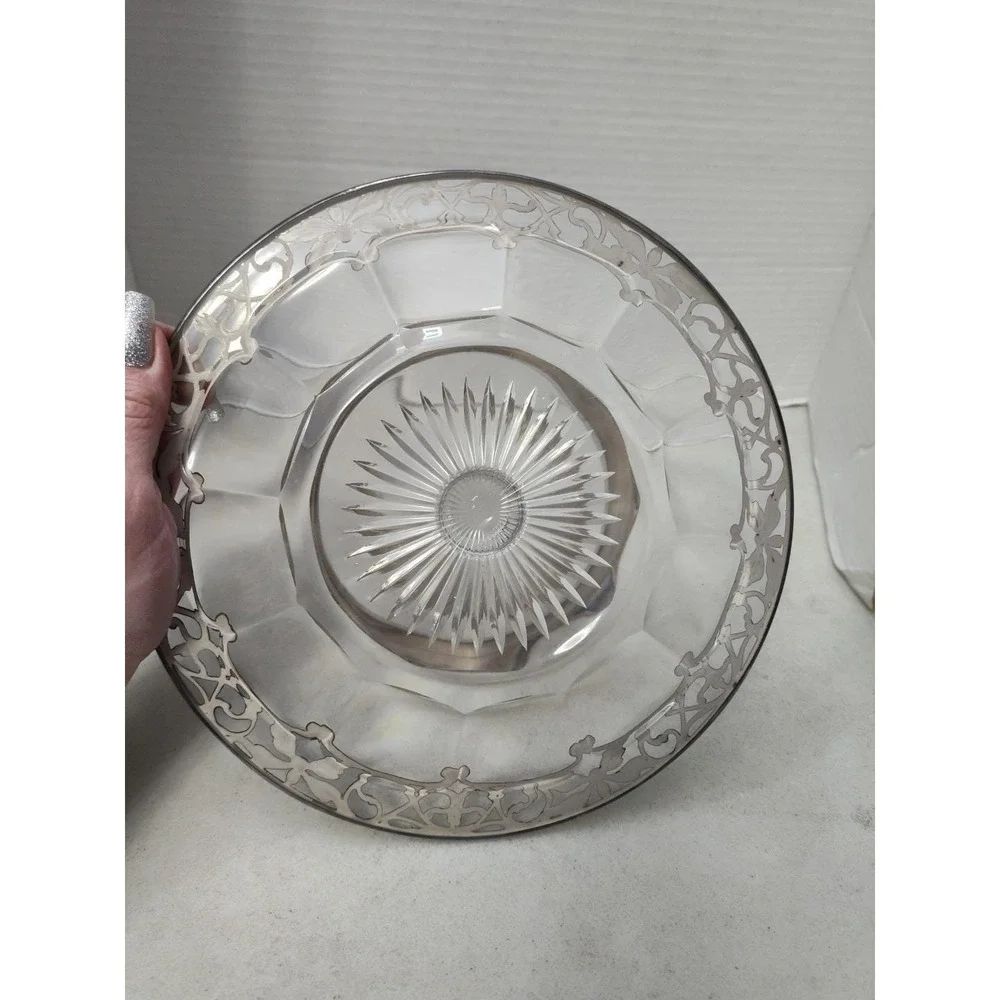 Sterling Silver Overlay Tiered Tray Cut Crystal Star Bottom Ornate Heisey Clear